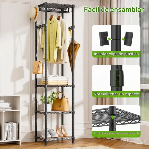 Vista 8 de R1 Perchero de Servicio Pesado para Ropa, Percheros para Ropa para Colgar Prendas, Perchero de Prendas con Estantes de Almacenamiento, Perchero