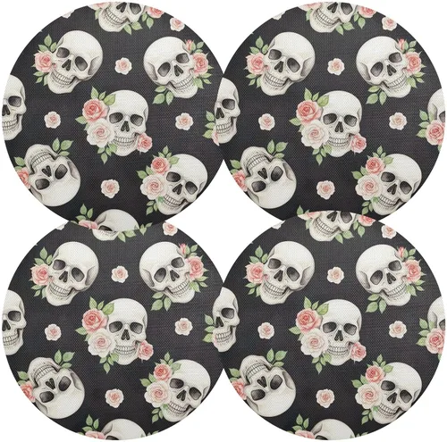 Vista 2 de Watercolor Skulls Vibrant Pink Table Placemat, Washable Heat Resistant Mats for Kitchen one sizex4