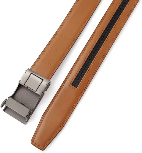 Vista 4 de Cinturón de trinquete para hombre, cinturón casual de cuero con hebilla ajustable para adaptarse a 13.8 in de ancho