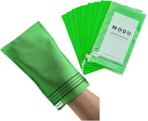 Vista 10 de Modu Guantes exfoliantes coreanos grandes, 4 unidades (verde, amarillo, azul cielo, rosa) – Guantes exfoliantes exfoliador corporal toalla italiana