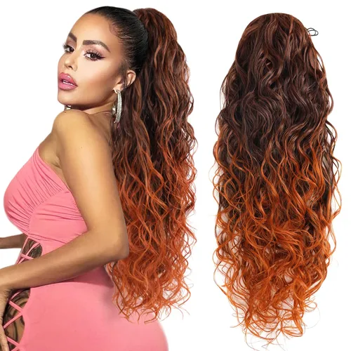 Vista 6 de Extensión de cola de caballo larga con cordón sintético de 26 pulgadas, moño rizado 4# Clip en extensión de pelo para mujer