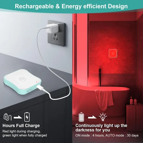 Vista 6 de Luces nocturnas rojas con sensor de movimiento, luz nocturna recargable que funciona con pilas, luces nocturnas rojas magnéticas adhesivas