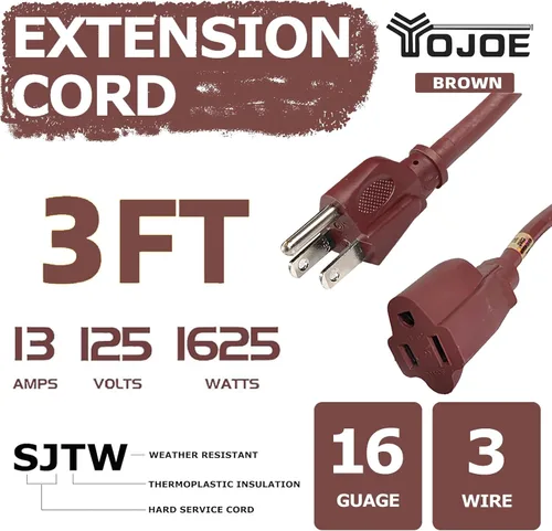 Vista 2 de YOJOE Cable de Extensión, Cable de Alimentación de 3 Clavijas 13A Resistente a la Intemperie, Cable de Extensión Marrón de Servicio Pesado Calibre