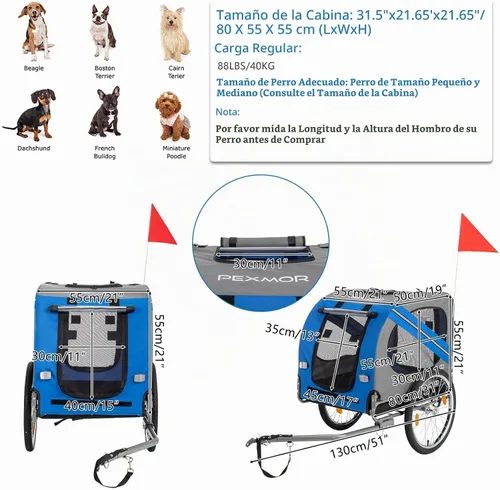 Vista 5 de PEXMOR Remolque de bicicleta para perros, carrito plegable para mascotas, carrito de remolque para bicicleta, carrito de carga con enganche Azul