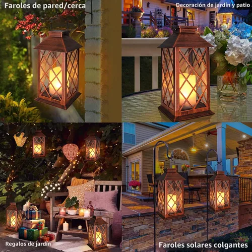 Vista 2 de TAKE ME Linternas solares de 35,6 cm para jardín al aire libre, linterna colgante impermeable con luces LED parpadeantes, sin llama, para mesa, al
