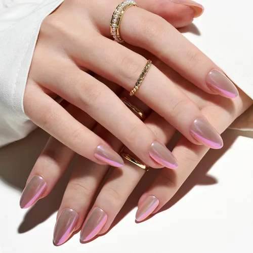 Vista 7 de GLAMERMAID Seashell Pink - Uñas postizas cortas a presión, color almendra
