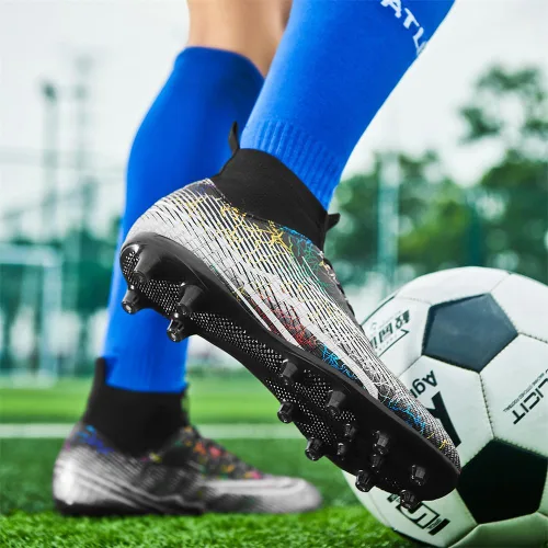Vista 5 de FREEAJING Zapatos de fútbol para hombre, botas de fútbol de caña alta, zapatos de pinchos, zapatos de fútbol profesional, atlético, fútbol sala