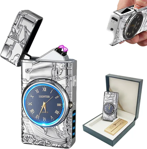 Vista 11 de BABOBIU Encendedor eléctrico recargable a prueba de viento USB con esfera de reloj y diseño de águila sin llama para camping, oficina en casa