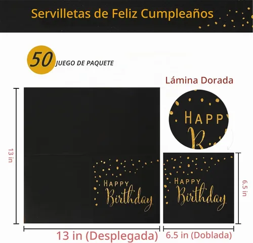 Vista 2 de DYLIVeS Servilletas de feliz cumpleaños, servilletas de papel de aluminio negro y dorado, servilletas de papel desechables para cena, picnic (Negro)