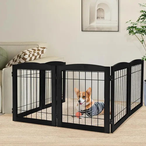 Vista 17 de LZRS Puerta plegable independiente de madera para perros de 2 paneles, madera maciza y alambre de acero, barrera para mascotas resistente a