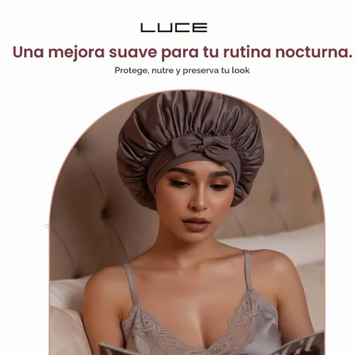 Vista 7 de LUCE Gorro de seda de satén para dormir, gorro de satén XL de doble capa de 600 hilos para mujer, gorro para dormir con lazo ajustable para Marrón