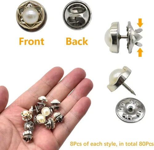 Vista 3 de Broche de camisa para mujer, 80 piezas, 10 estilos, botones para cubrir, botón de perla, broche de seguridad, botones para ropa, suministros