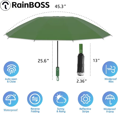 Vista 2 de RainBOSS Automatic Travel Umbrella with 10 Ribs, Large Windproof Umbrellas for Rain & Sun, Compact Folding Inverted Umbrella with Reflective Stripe