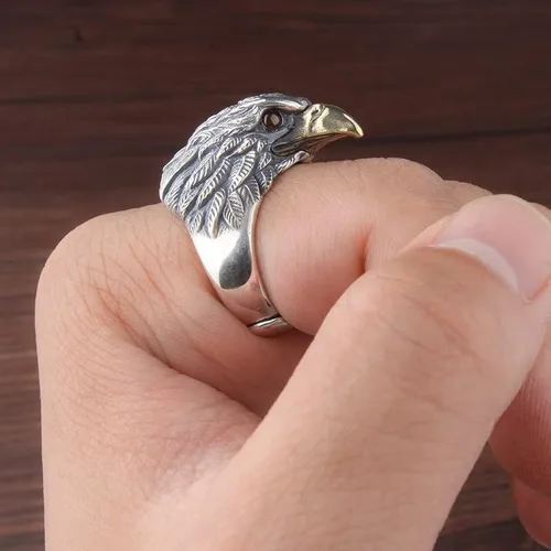 Vista 2 de QUSIIOSLK Anillo de caballero de águila abierta de plata de ley vintage para hombre, estilo punk gótico, joyería de águila animal para veteranos
