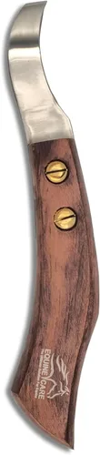 Vista 2 de Equine Care Cuchillo de acero inoxidable J2 de doble filo con mango de madera, herramienta versátil para el cuidado de pezuñas de caballo y vaca
