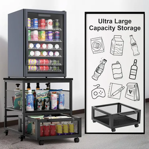 Vista 7 de Mini soporte para refrigerador de 21 x 21 pulgadas con almacenamiento, mini mesa de refrigerador resistente con 4 ruedas bloqueables para cafetería