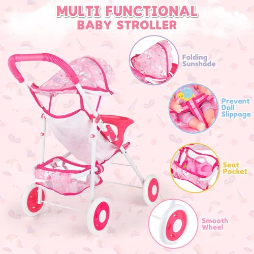Vista 5 de deAO Juego de cochecito de muñeca de bebé de 12 pulgadas con cochecito de muñeca plegable, 15 piezas, accesorios para muñecas de bebé para niños