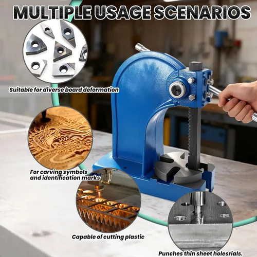 Vista 2 de Prensa manual de eje de 2 toneladas 17.32"H, con 3 derivas, yunque de acero mecanizado extraíble, para perforar, modelar, cortar (2T azul)