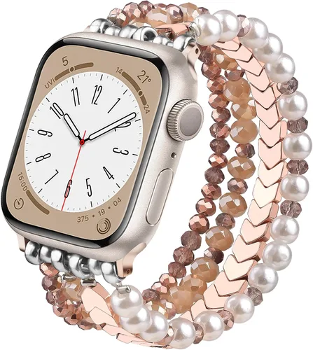 Vista 11 de MOFREE - Pulsera de cuentas compatible con Apple Watch Band de 1.496 in/1.575 in/1.614 in/1.65 in (38, 40, 41 y 42 mm) Series Negro/Oro