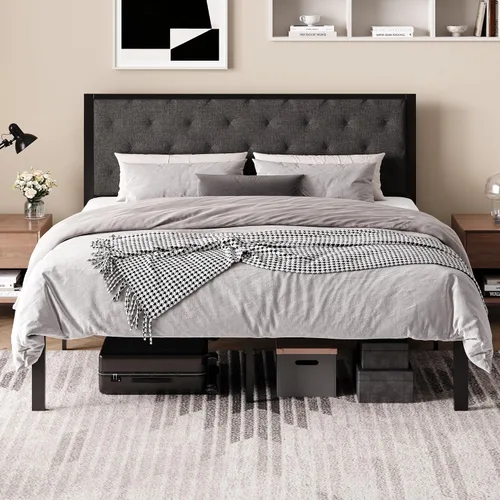 Vista 10 de SHA CERLIN Base de cama de plataforma tamaño individual con estructura de metal, cabecero tapizado de cuero PU con botones, base de colchón con 31.5