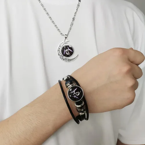 Vista 2 de YANCHUN - Collar y pulsera de cuero modernos con 12 constelaciones del zodiaco, astrología, galaxia y luna creciente para hombre y mujer, juego de 2