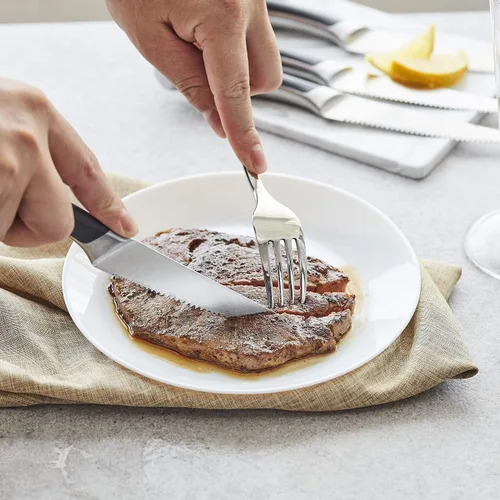 Vista 2 de WELLSTAR Juego de 4 cuchillos para carne, hoja dentada de acero inoxidable alemán resistente a la corrosión, mango ergonómico de espiga completa