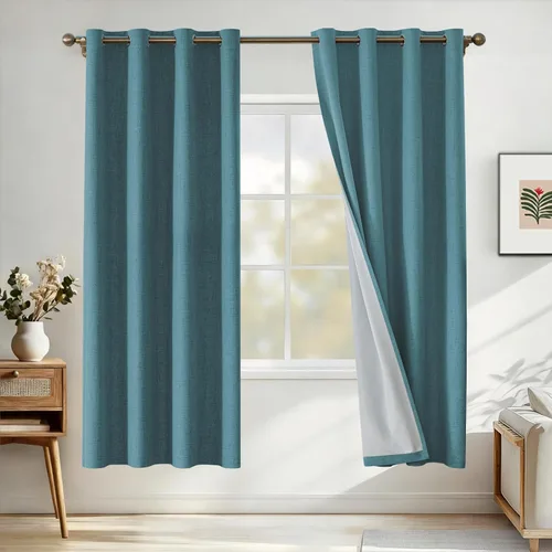 Vista 54 de Cortinas 100% opacas para dormitorio, cortinas opacas de 63 pulgadas de largo, cortinas opacas de lino para sala de estar, cortinas con ojales