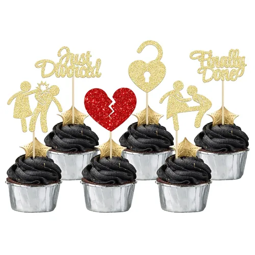 Vista 10 de Gyufise Paquete de 24 adornos negros con purpurina para cupcakes Boy Bye Finally Done para cupcakes, decoraciones para divorcio, ruptura, fiesta