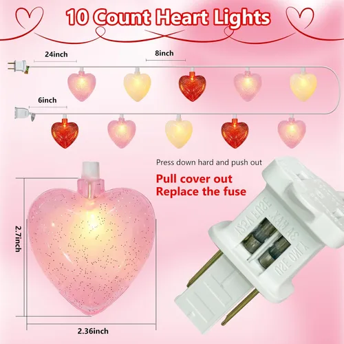 Vista 2 de Tira de luces de corazón enchufables, luces de San Valentín de 8.5 pies para interiores y exteriores, con forma de corazón, con 10 LED