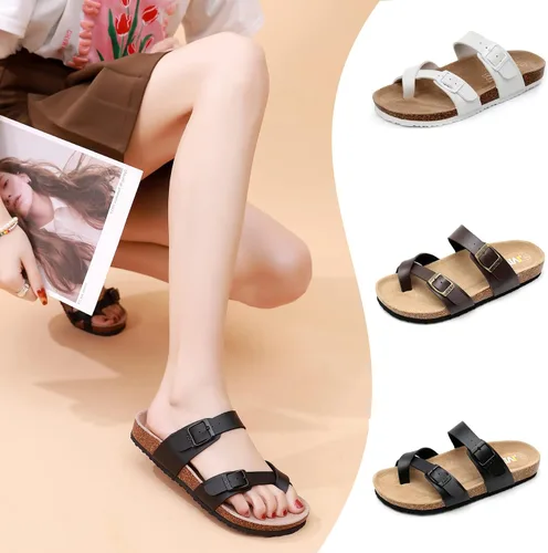 Vista 2 de Women's Cork Footbed Sandals - Cow Suede Slide Sandals for Women Toe Loop with Adjustable Strap Buckle Open Toe Beach Sandals