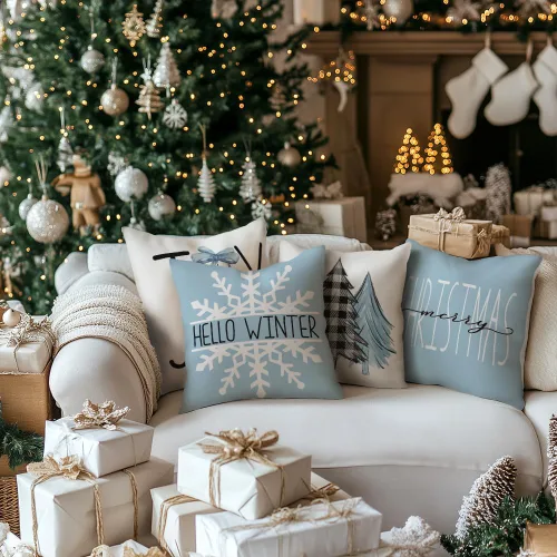 Vista 3 de GEEORY Juego de 4 fundas de almohada de Navidad de 18 x 18 pulgadas para decoraciones de Navidad, árbol de Navidad, alegría, nieve, Navidad feliz