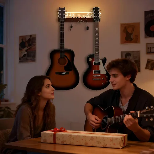 Vista 6 de CoolGift Mart Soporte de pared para guitarra iluminado, capacidad para 2 guitarras con 3 llaveros enchufables, diseño de notas musicales