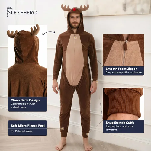 Vista 6 de SLEEPHERO Mono de forro polar para hombre, traje de unión con cremallera completa y capucha, pijama suave de una pieza para adultos Reno divertido