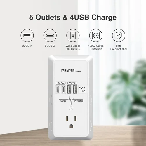 Vista 2 de Extensor de Enchufe, Cargador de Pared USB, Protector Contra Sobretensiones, Extensor de 5 Enchufes con 4 Puertos de Carga USB (5V 5A), Adaptador