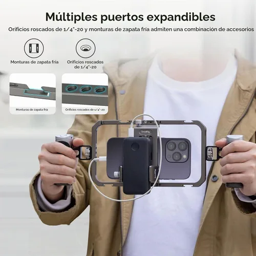 Vista 6 de SmallRig Kit universal todo en uno de aparejo de video para teléfono, con asas de control inalámbrico, soporte para banco de energía, trípode