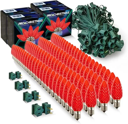 Vista 49 de Pro Christmas - Kit de luces C9 para exteriores, blanco cálido, cable verde, 50 bombillas, 50 pies