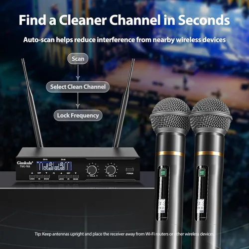 Vista 4 de Gimkuls Sistema de micrófono profesional inalámbrico, micrófono dinámico inalámbrico de mano, doble UHF de 200 canales, micrófonos de metal de 328