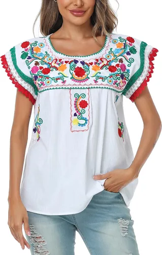 Vista 6 de YZXDORWJ Blusa tradicional colorida con encaje bordado mexicano para mujer, camiseta tricolor para el día de la independencia mexicana
