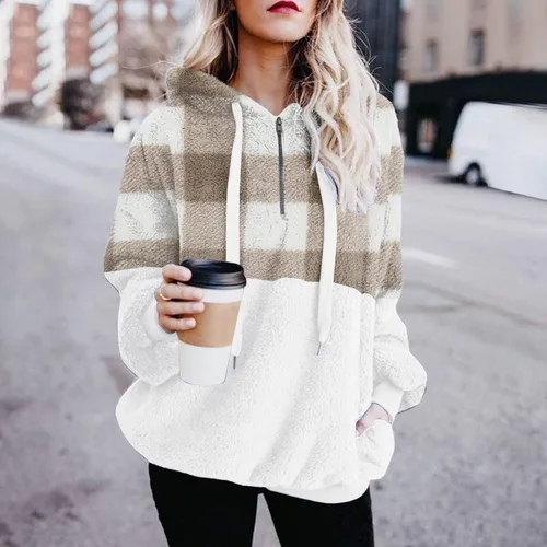 Vista 3 de Sudadera de gran tamaño con cuello redondo para mujer, a la moda, casual, con capucha, de manga larga, a cuadros, suéter a cuadros