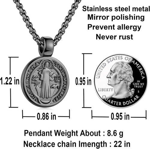 Vista 6 de FSYAEGZA Collar con colgante de medalla de exorcismo de San Benito para hombre, de acero inoxidable, colgante de cruz religiosa católica, colgante