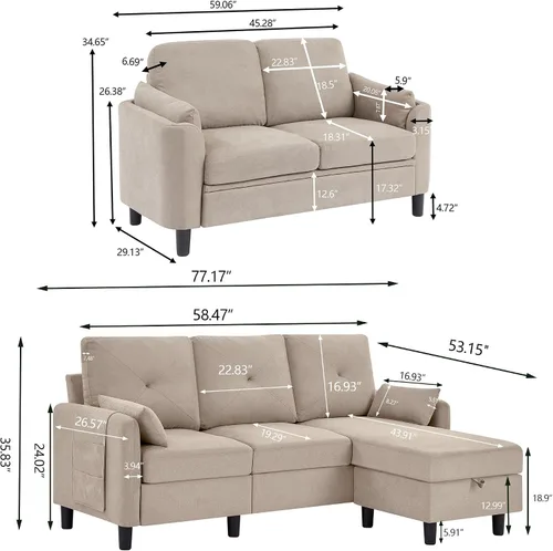 Vista 2 de Juego de sofá modular convertible, sofá en forma de L de 77 pulgadas con otomana y sofá biplaza de 48 pulgadas, sofás modernos para sala de estar