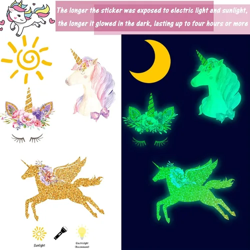 Vista 5 de Calcomanías de pared con estrellas que brillan en la oscuridad, calcomanías murales de unicornio brillantes con flores de arco iris, corazón, nubes