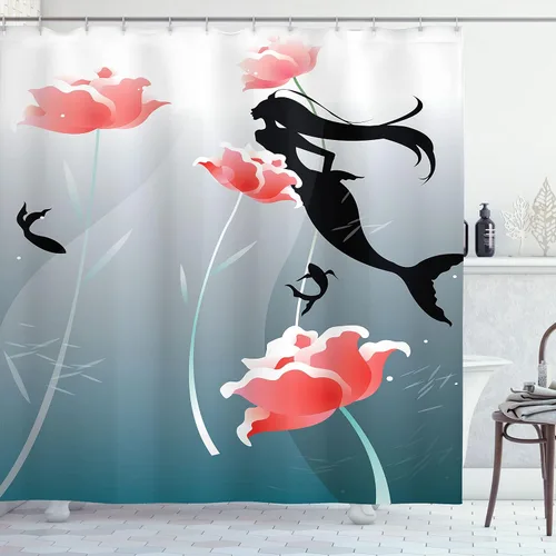 Vista 102 de set de cortina para baño decorativa de tela de poliéster con ganchos