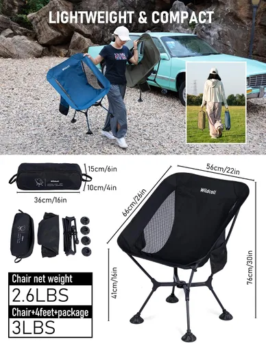 Vista 3 de WildCall - Silla de camping plegable y ligera, marco de instalación rápida with Anti-Sinking Large Feet Compact Beach Chair Backpacking Hiking