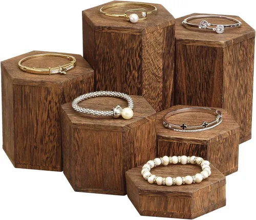 Vista 9 de MOOCA - Soporte de exhibición hexagonal de madera para accesorios 6-piece black wooden hexagon riser set creates tiered displays for jewelry