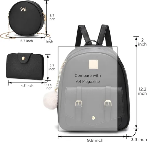 Vista 3 de Fahsion - Juego de 3 piezas de mochila de cuero para mujer, mochila para mujer, bolsa de libros para adolescentes y niñas