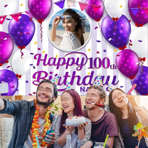 Vista 6 de Cartel decorativo personalizado de feliz cumpleaños número 100, personalización disponible, morado, tamaño grande - Fotos y nombres personalizados