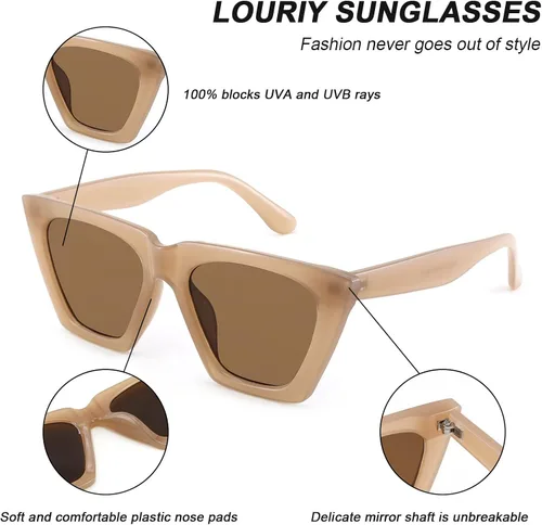 Vista 6 de Louriy Gafas de sol cuadradas vintage con ojo de gato para mujer grandes gafas de sol retro marco rectangular grueso clásico