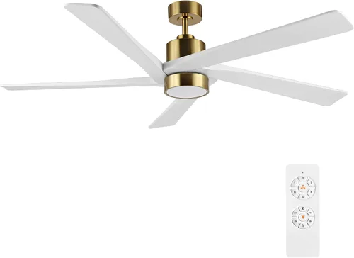 Vista 10 de WINGBO Ventilador de techo CC de 48 pulgadas con luces y control remoto, 5 cuchillas de madera maciza tallada, motor CC reversible de 6 velocidades