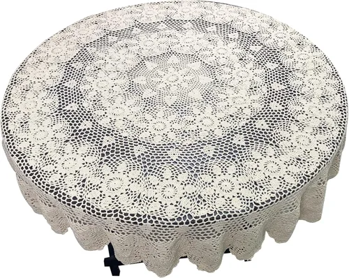 Vista 2 de USTIDE Mantel redondo de ganchillo de 70 pulgadas, superposiciones de mesa de encaje de algodón beige hecho a mano con diseño floral de ganchillo